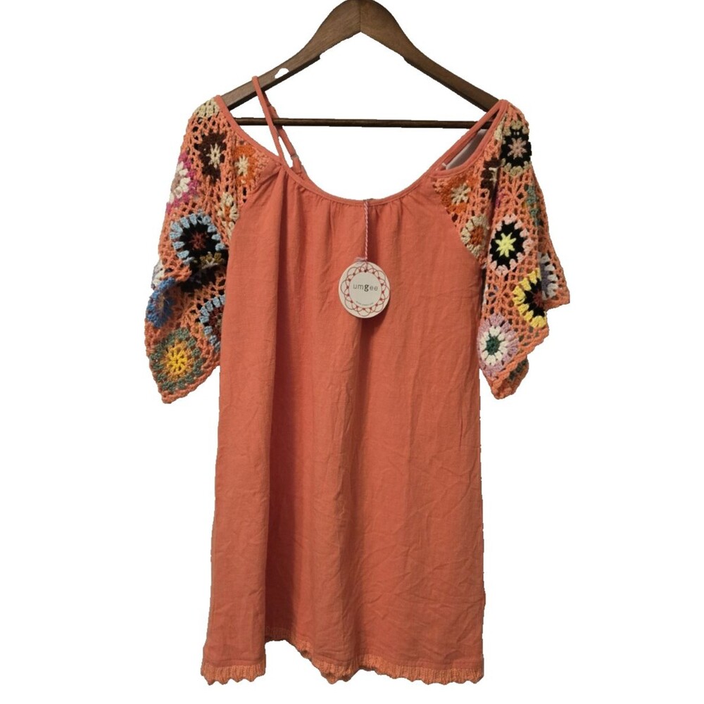 NWT Umgee Crochet Linen Granny Square Sleeve Mini Dress S Cold Shoulder Boho